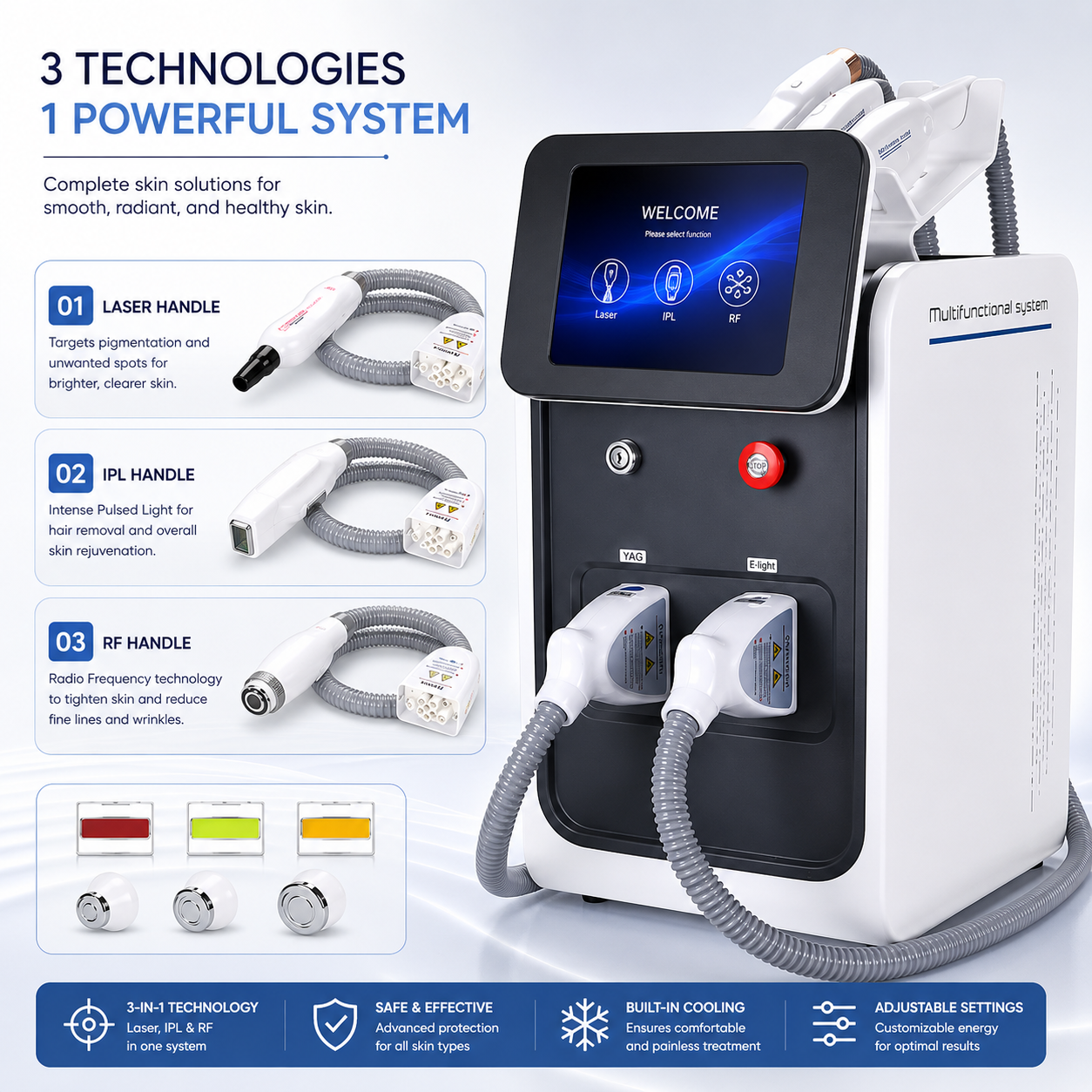 3-in-1 Laser Machine for Hair Removal + Tattoo Removal + E-Light Skin Rejuvenation